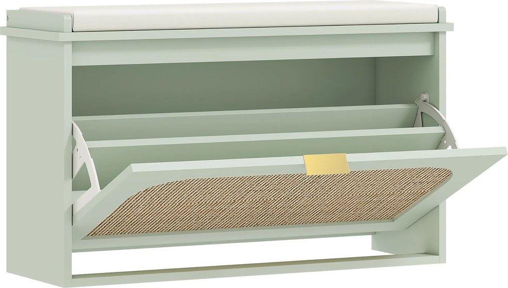 HOMCOM Banc pentru pantofi, banc de depozitare, șezut căptușit, sertar rabatabil, ușă din ratan, 80 x 26 x 47,5 cm, verde | Aosom Romania