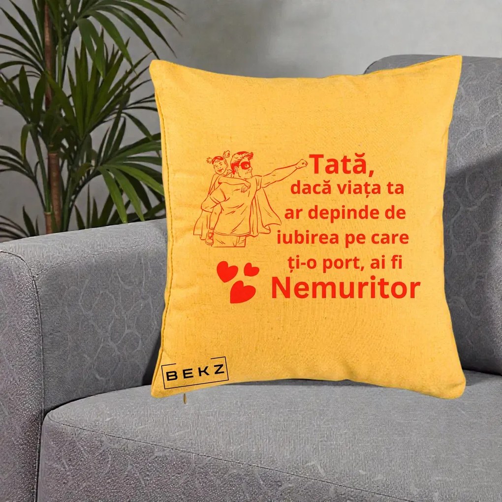 Cadou pentru Tata - Perna Personalizata Tata Nemuritor cu Fetita, 40x40 cm, Galben, Husa Detasabila, Perna Inclusa, BEKZ®