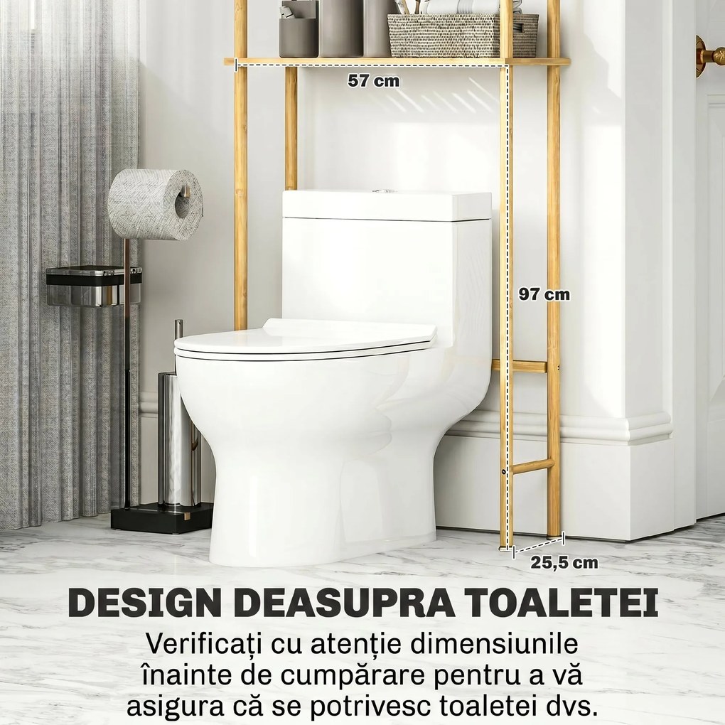 HOMCOM Unitate de Depozitare Deasupra Toaletei din Bambus cu 3 Rafturi, 63,5x25,5x181 cm, Lemn Natural | Aosom Romania