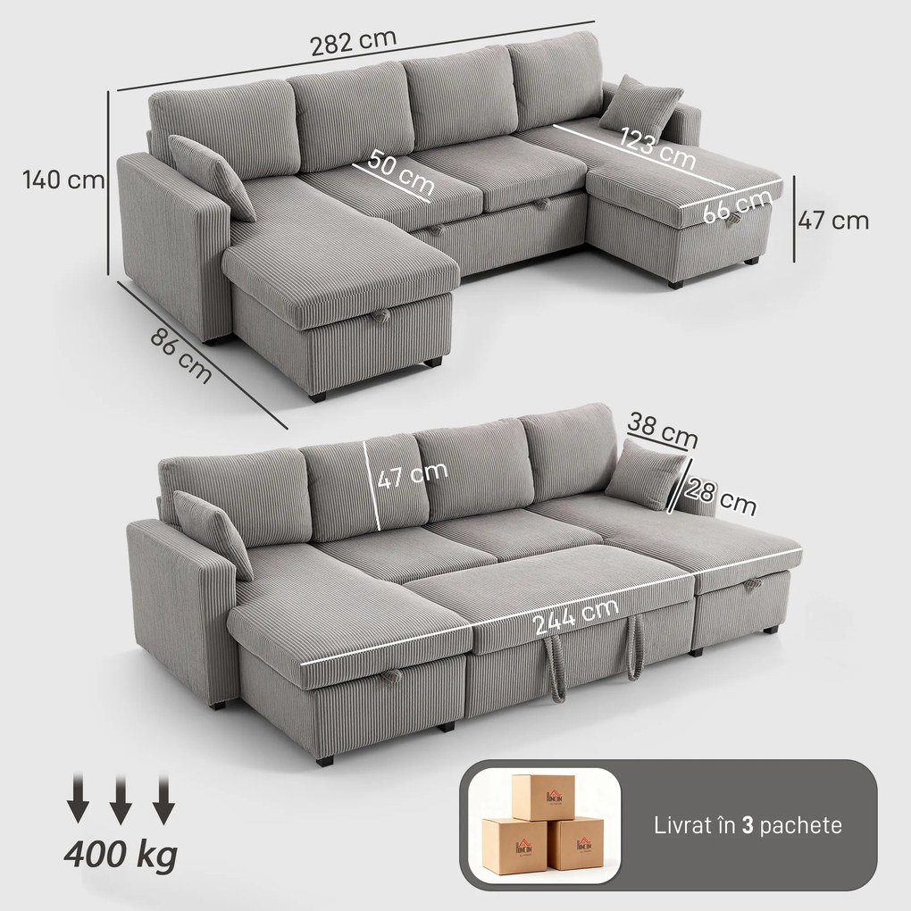 HOMCOM Canapea Extensibilă Modernă în Formă de U și Spații de Depozitare, Catifea Reiată, 282x140x86 cm, Gri | Aosom Romania