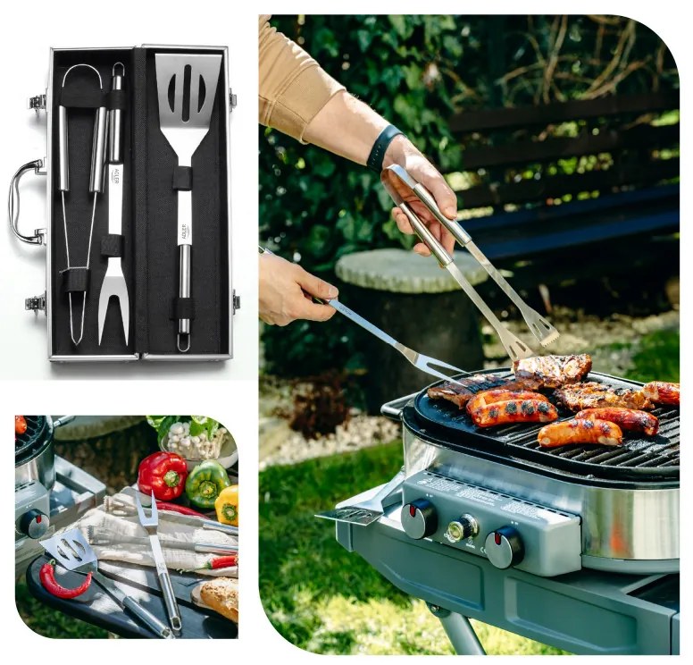 Set ustensile pentru gratar Adler AD 6729, 4 piese, Otel inoxidabil, Carcasa din aluminiu, Orificii de agatare, Argintiu