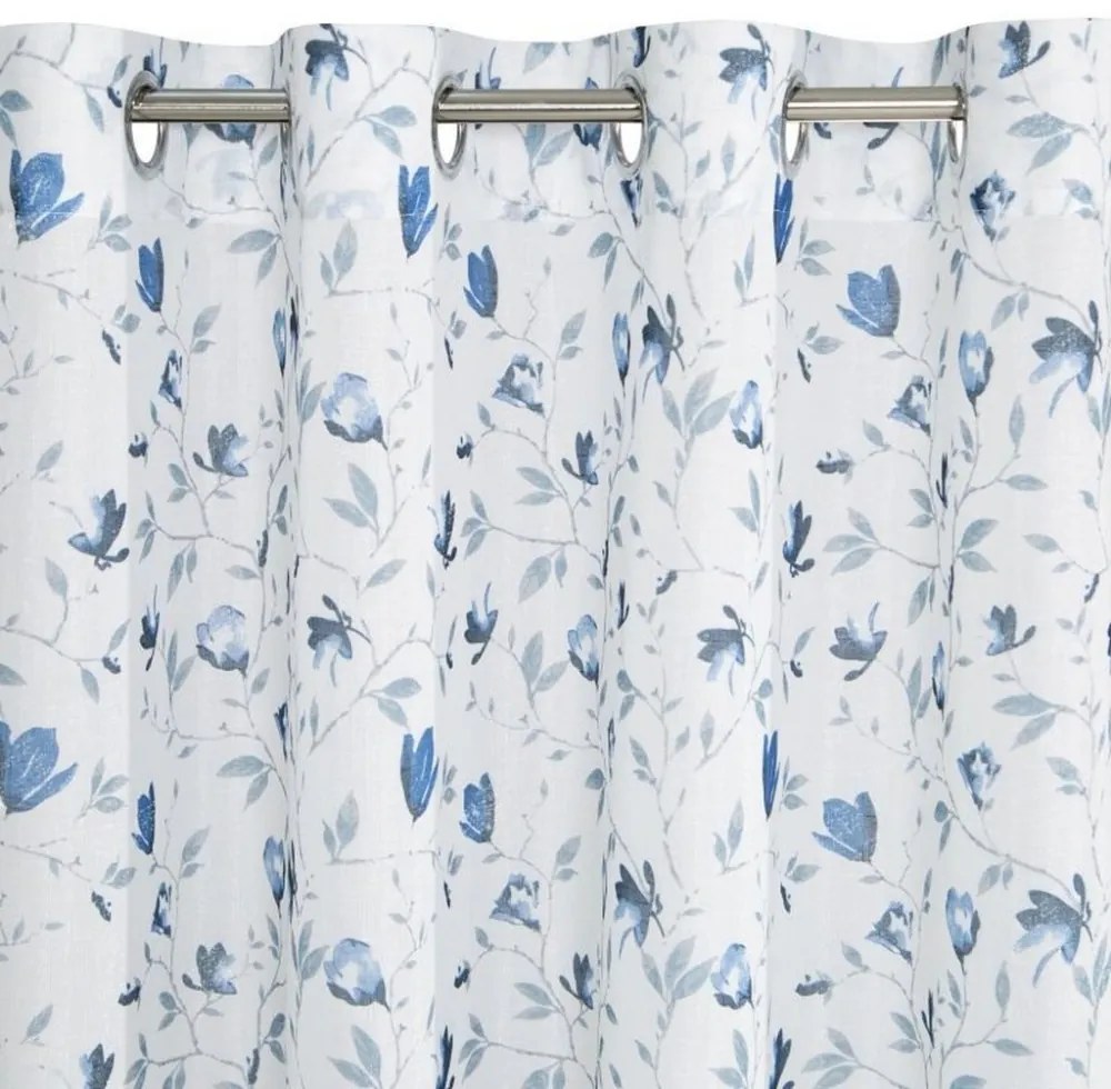 Draperie decorativă subtilă alb-albastră, cu motiv floral Lungime: 250 cm