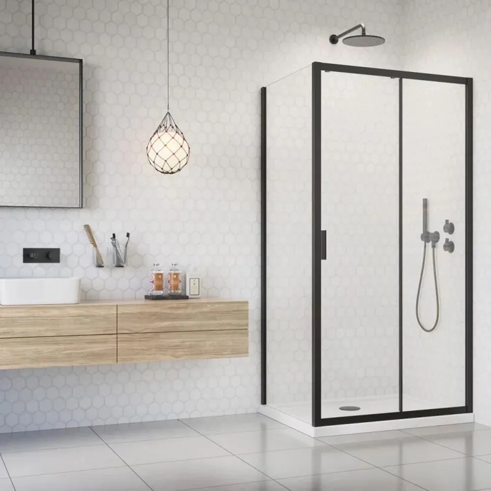 Pachet cabina de dus Alienta Black DWJ+S 100x90 cm, cadita pentru dus Laros D Compact alb si sifon cadita negru