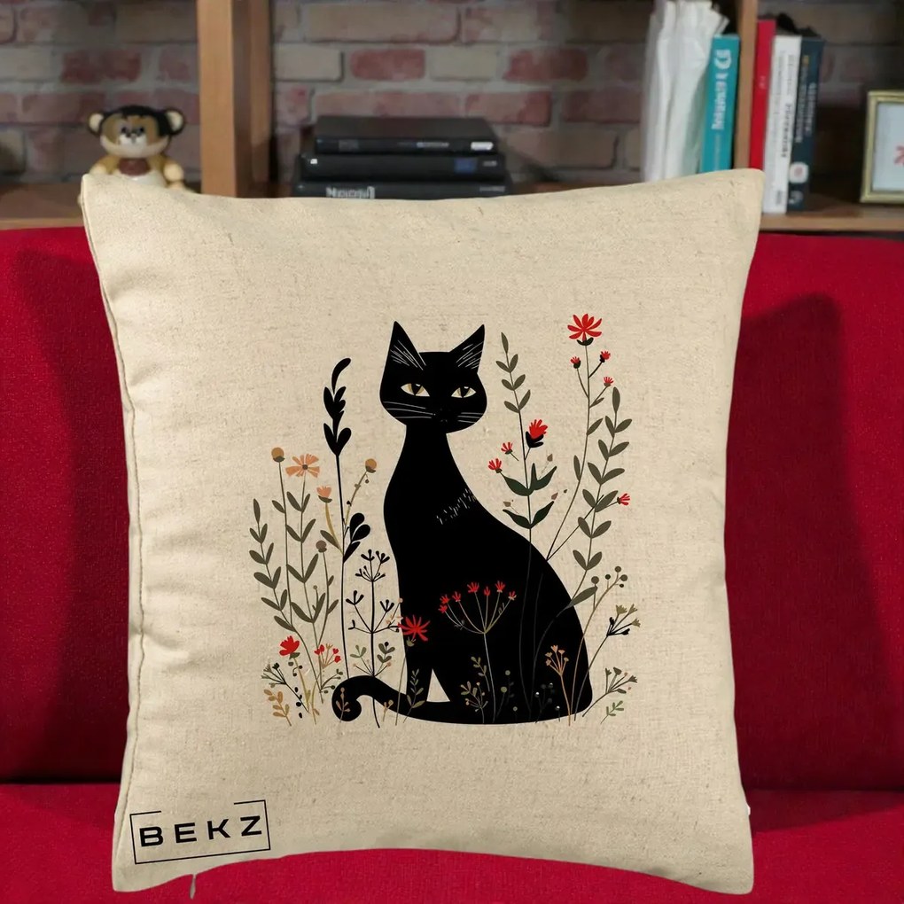 Perna Decorativa Pisica Neagra Botanica Rosu-Gri, 40x40 cm, Bej, Husa Detasabila, Perna Inclusa, BEKZ®