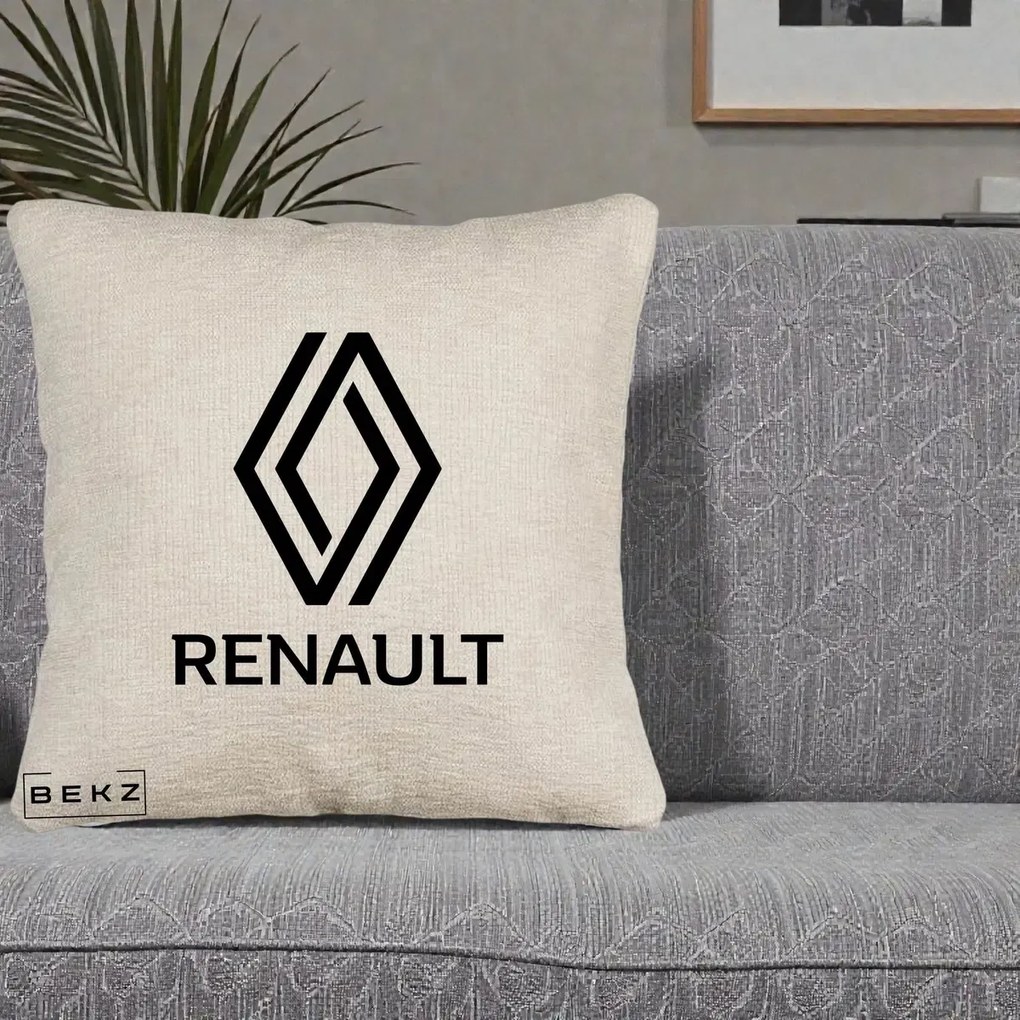 Perna Personalizata cu emblema Renault, 40x40 cm, Bej Canapea, Husa Detasabila, Perna Inclusa, BEKZ®