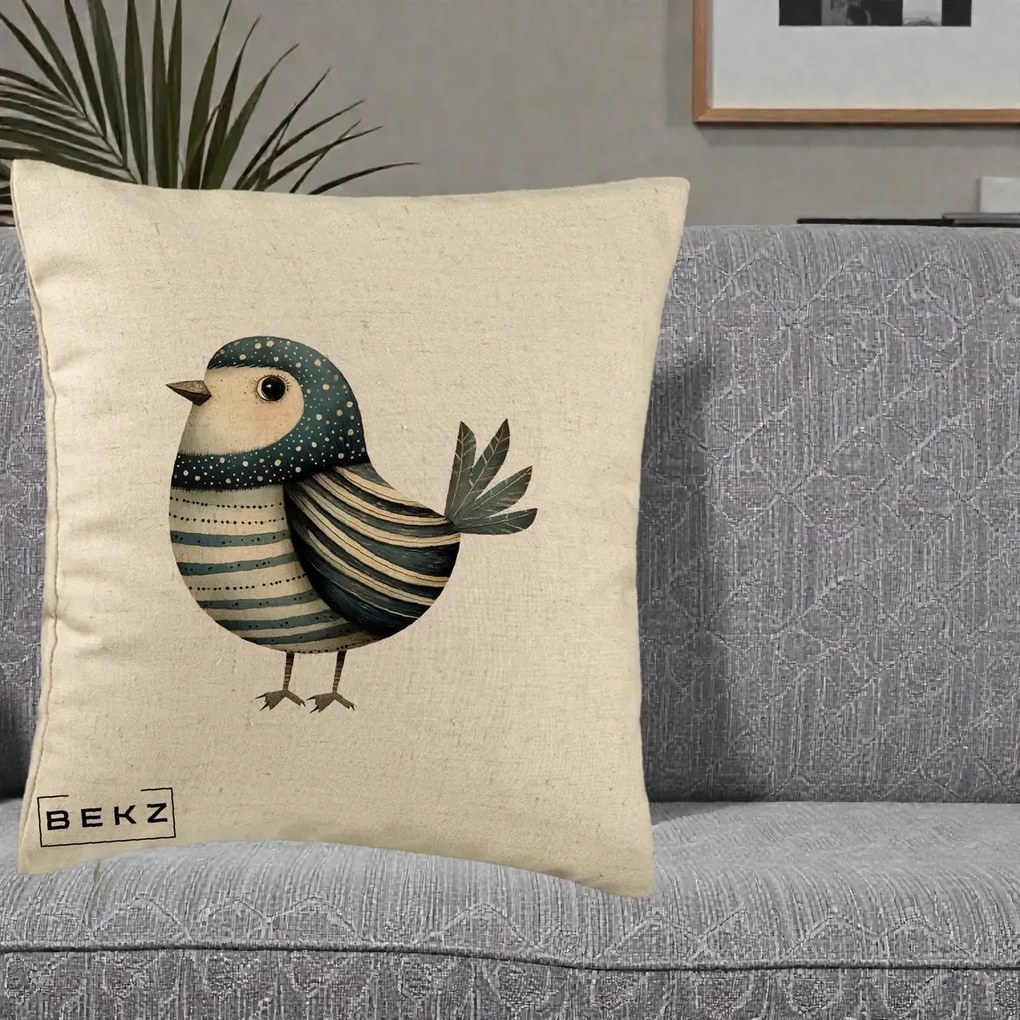 Perna Decorativa Pasare Teal Decorativa Dungata, 40x40 cm, Bej, Husa Detasabila, Perna Inclusa, BEKZ®