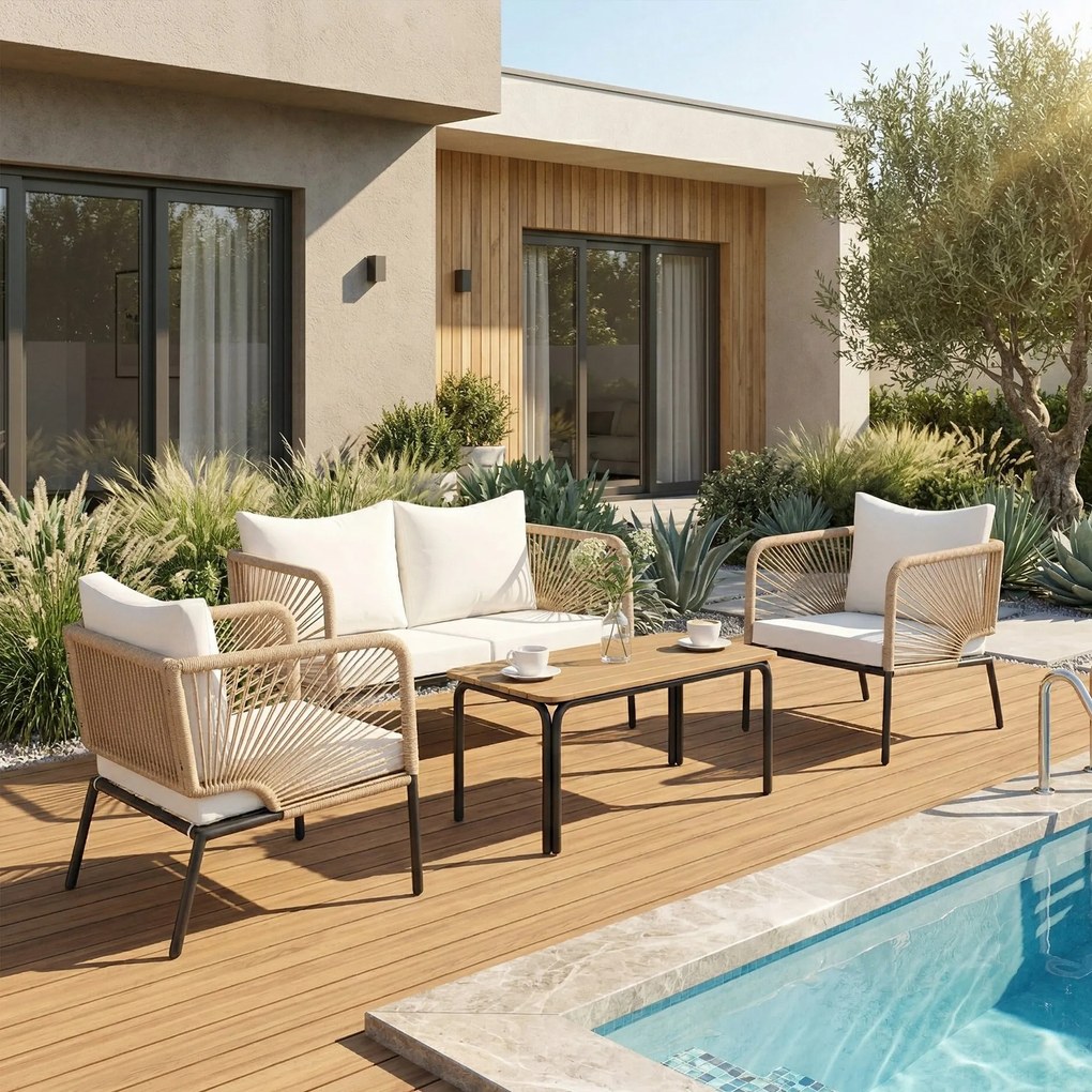 Outsunny Set mobilier de grădină, grup de șezut pentru 4 persoane, lounge cu sofă 2 locuri, 2 fotolii, masă cu lamele, împletitură tip sfoară, perne lavabile | Aosom Romania