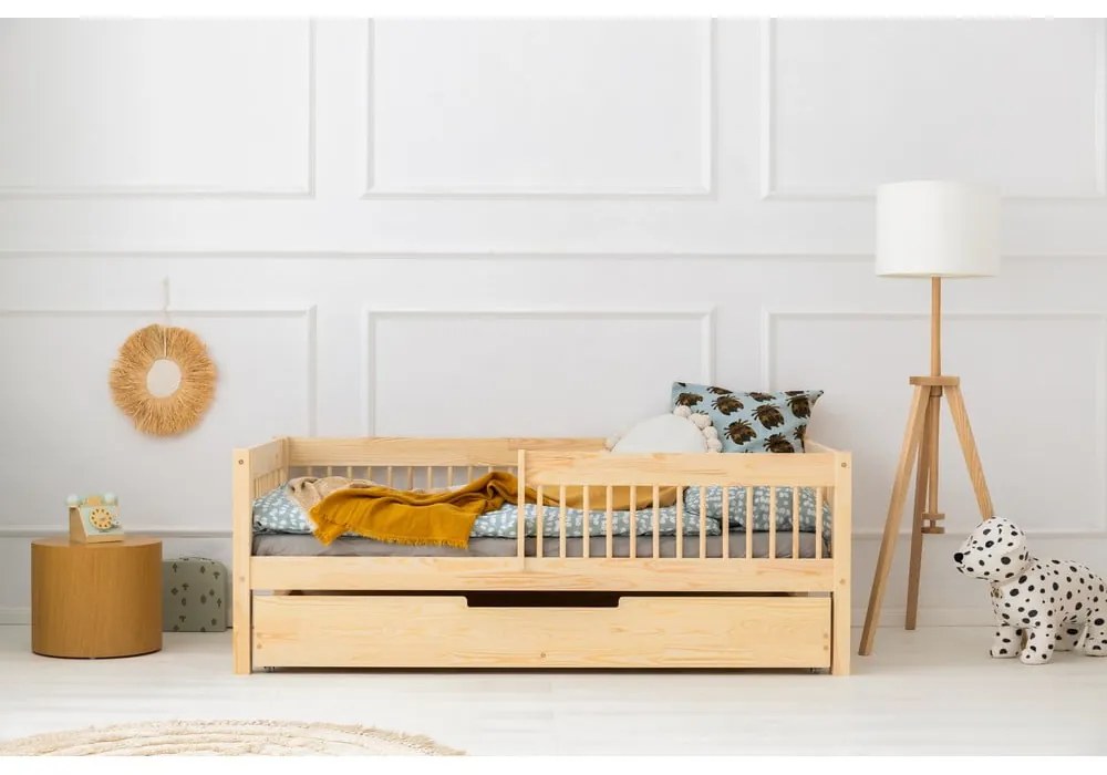 Pat pentru copii în culoare naturală cu extensie suplimentară cu spațiu de depozitare cu somieră 90x200 cm CPW – Adeko