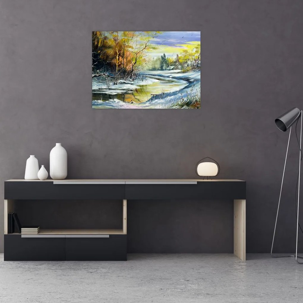 Tablou pe sticlă - Râu de iarnă, pictură în ulei (70x50 cm)
