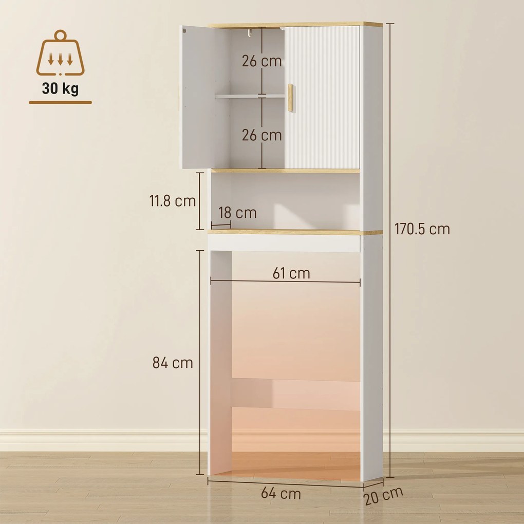 HOMCOM Etajeră pentru Baie deasupra WC-ului de 3 Niveluri cu Raft Deschis 2 Uși și Raft Reglabil 64x20x170,5 cm Alb | Aosom Romania