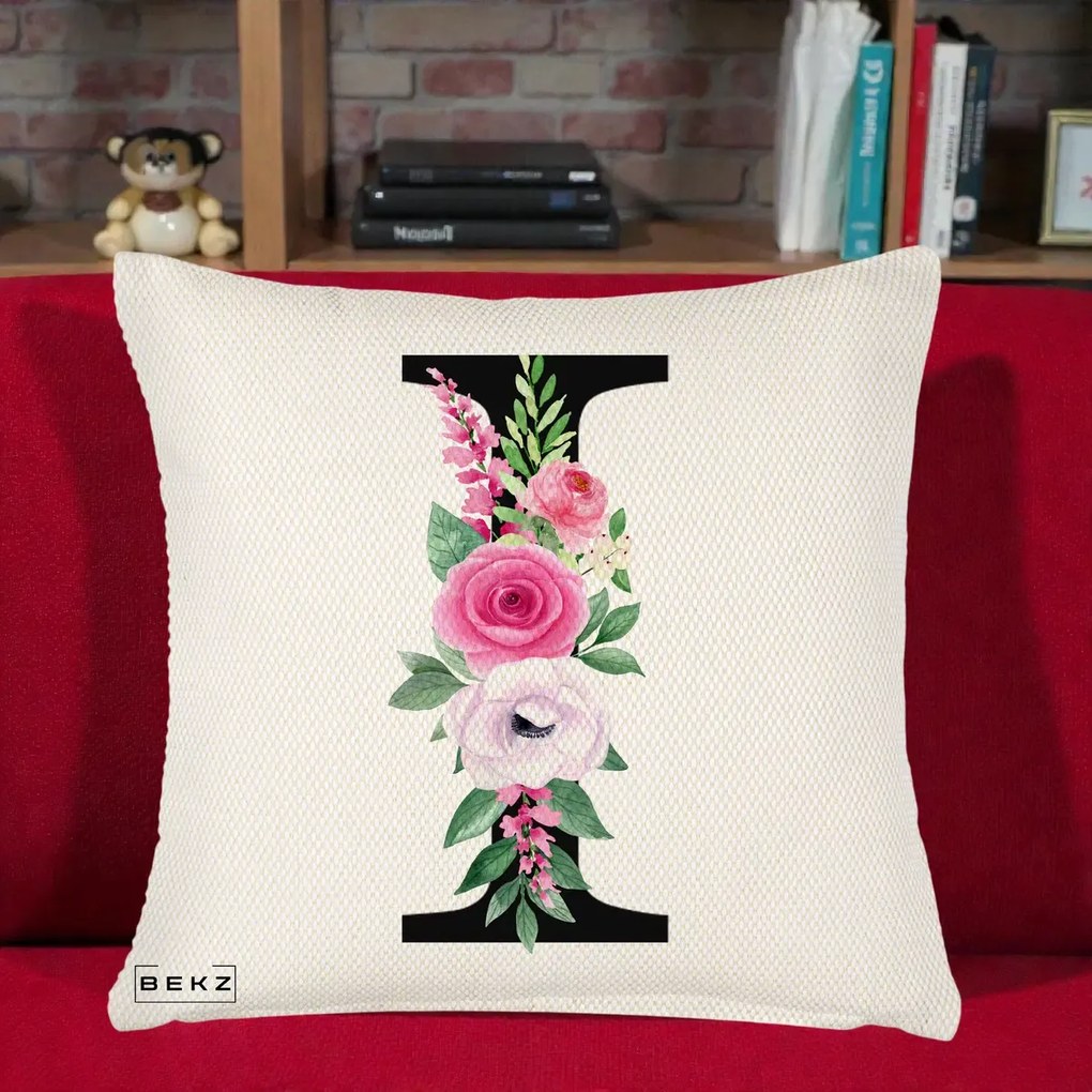 Cadou Personalizat - Perna Personalizata Monograma Florala Litera I, 40x40 cm, Crem Reliefat, Husa Detasabila, Perna Inclusa, BEKZ®