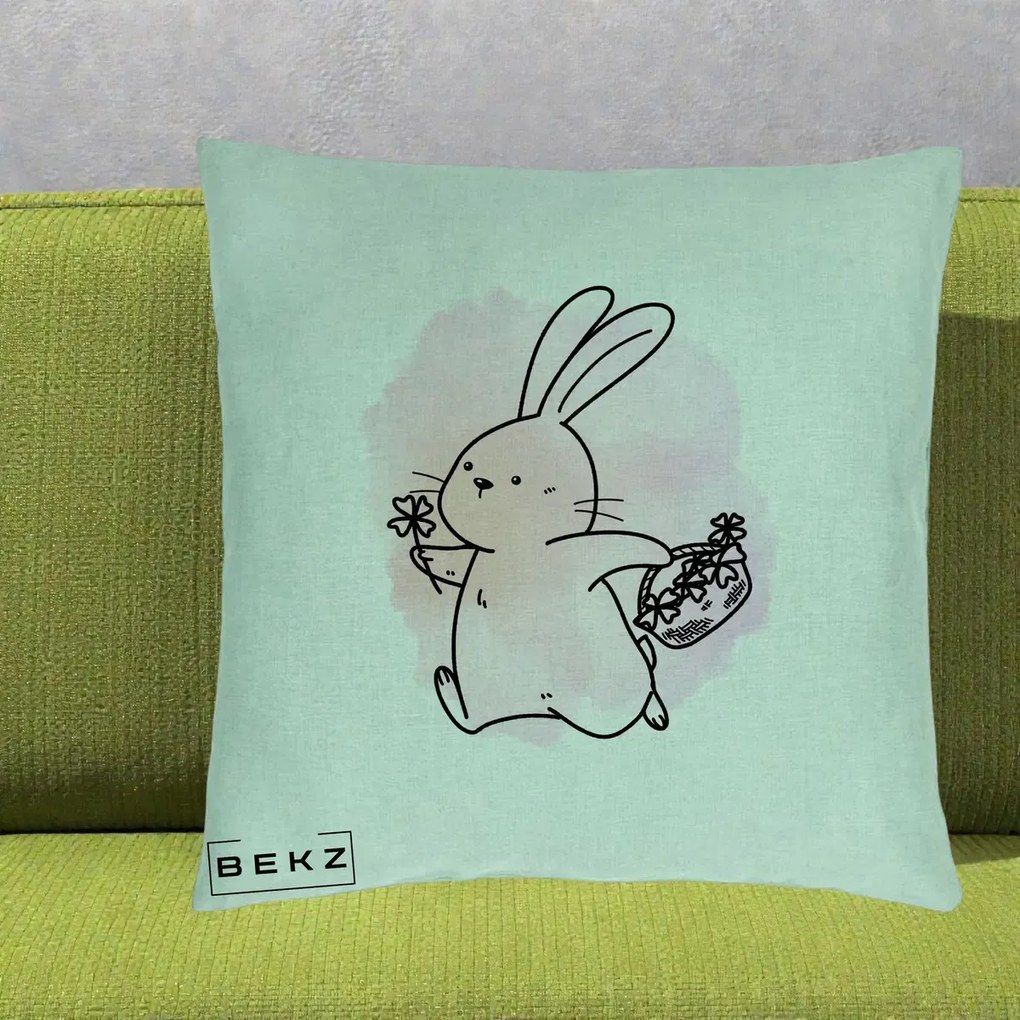 Perna Decorativa Iepuras Kawaii cu Cosulet Floral, 40x40 cm, Verde Menta, Husa Detasabila, Perna Inclusa, BEKZ®