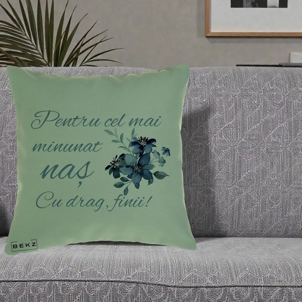 Cadou pentru Nas - Perna Personalizata Pentru Cel mai Minunat Nas Cu drag Finii, 40x40 cm, Verde, Husa Detasabila, Perna Inclusa, BEKZ®