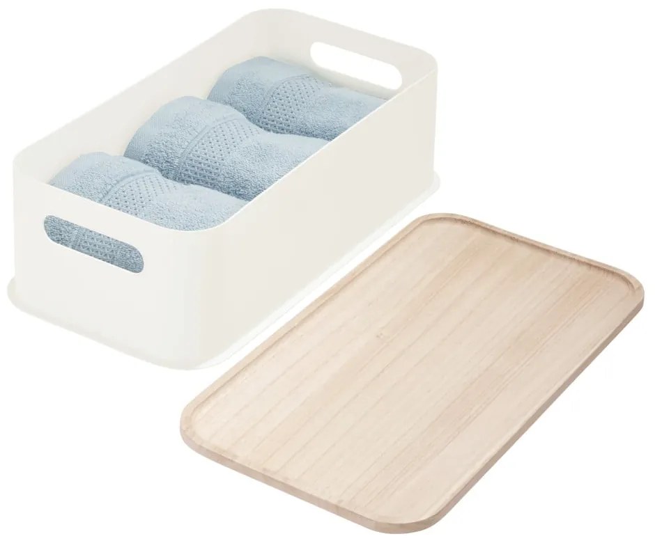 Cutie depozitare cu capac din lemn paulownia iDesign Eco Handled, 21,3 x 43 cm, alb