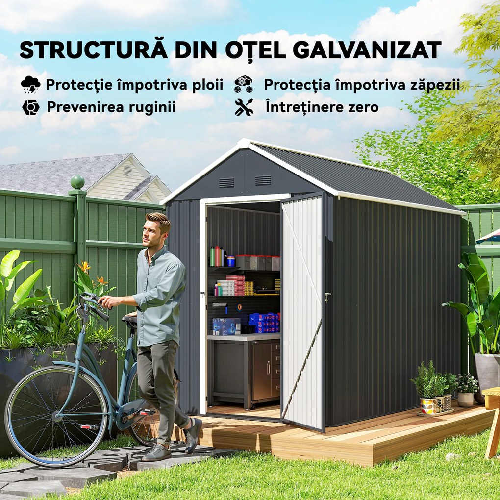 Outsunny Magazie de Grădină din Oțel Galvanizat și PP cu 4 Guri de Aerisire și Fereastră, 259x171x222 cm, Gri și Alb | Aosom Romania