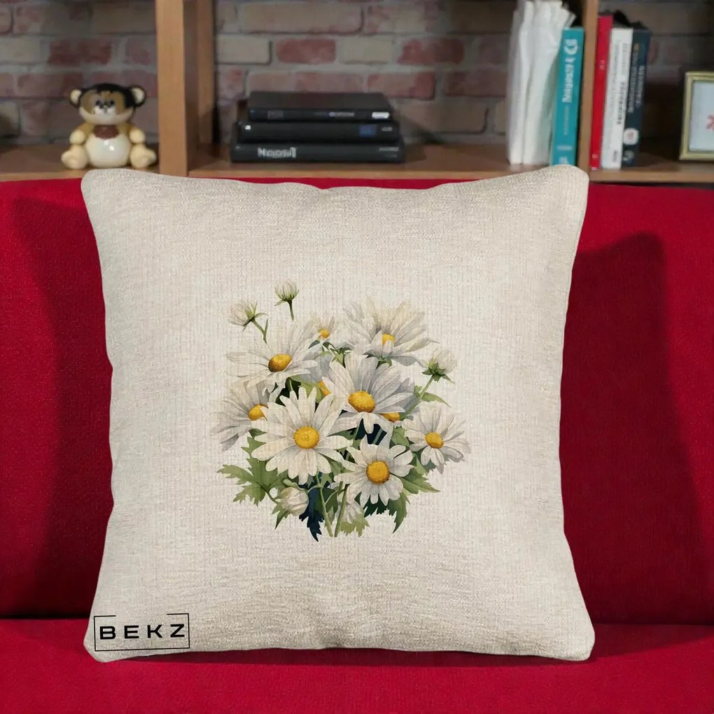 Perna Decorativa Buchet Margarete Albe Acuarela, 40x40 cm, Bej Canapea, Husa Detasabila, Perna Inclusa, BEKZ®