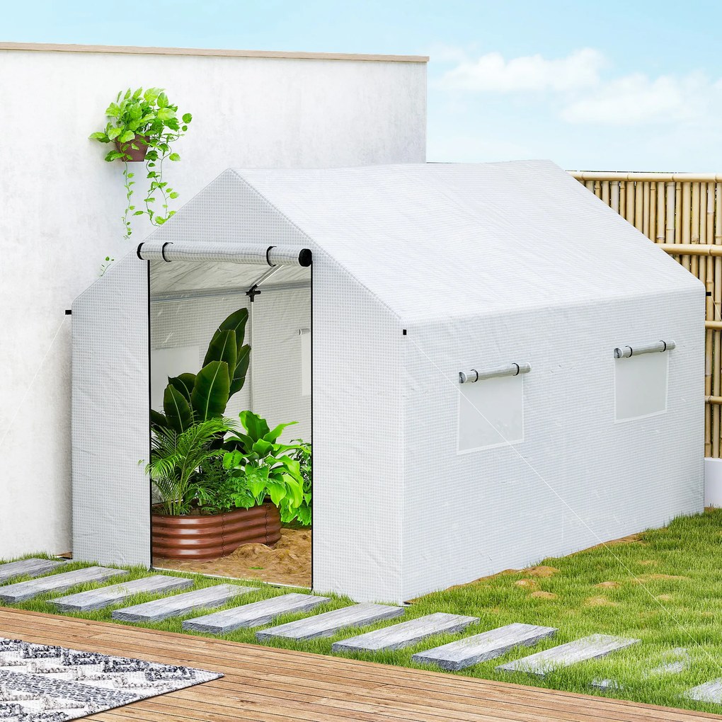 Outsunny Seră de Grădină Tip Tunel 2x3x2 m cu Uși și Ferestre Rulabile, Seră pentru Plante cu Acoperiș Înclinat, Structură din Oțel și Acoperire PE, Anti UV, Alb | Aosom Romania