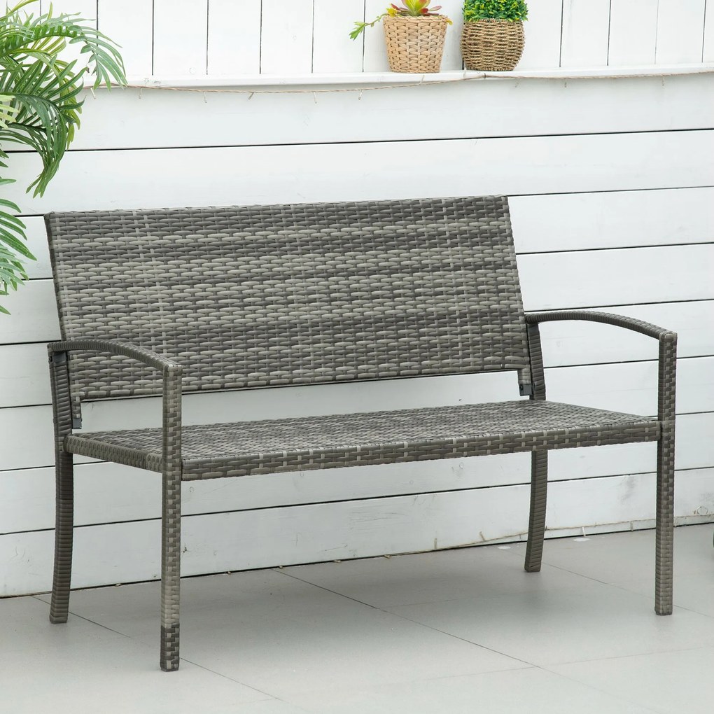 Outsunny Banca de grădină, în stil poliratan, cu cadru din oțel, pentru 2 persoane, gri, 122 x 60 x 85cm | Aosom Romania