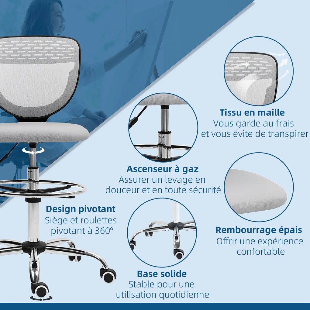 Vinsetto Scaun de birou ergonomic din plasă, scaun de desen, înălțime și picior de odihnă reglabil, 59 x 59 x 106-126 cm, gri | Aosom Romania