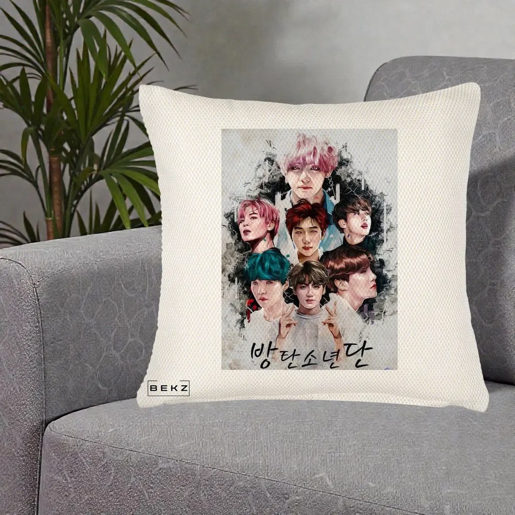 Perna Personalizata K-pop BTS Bangtan Boys Poster Artistic Negru Alb, 40x40 cm, Crem Reliefat, Husa Detasabila, Perna Inclusa, BEKZ®