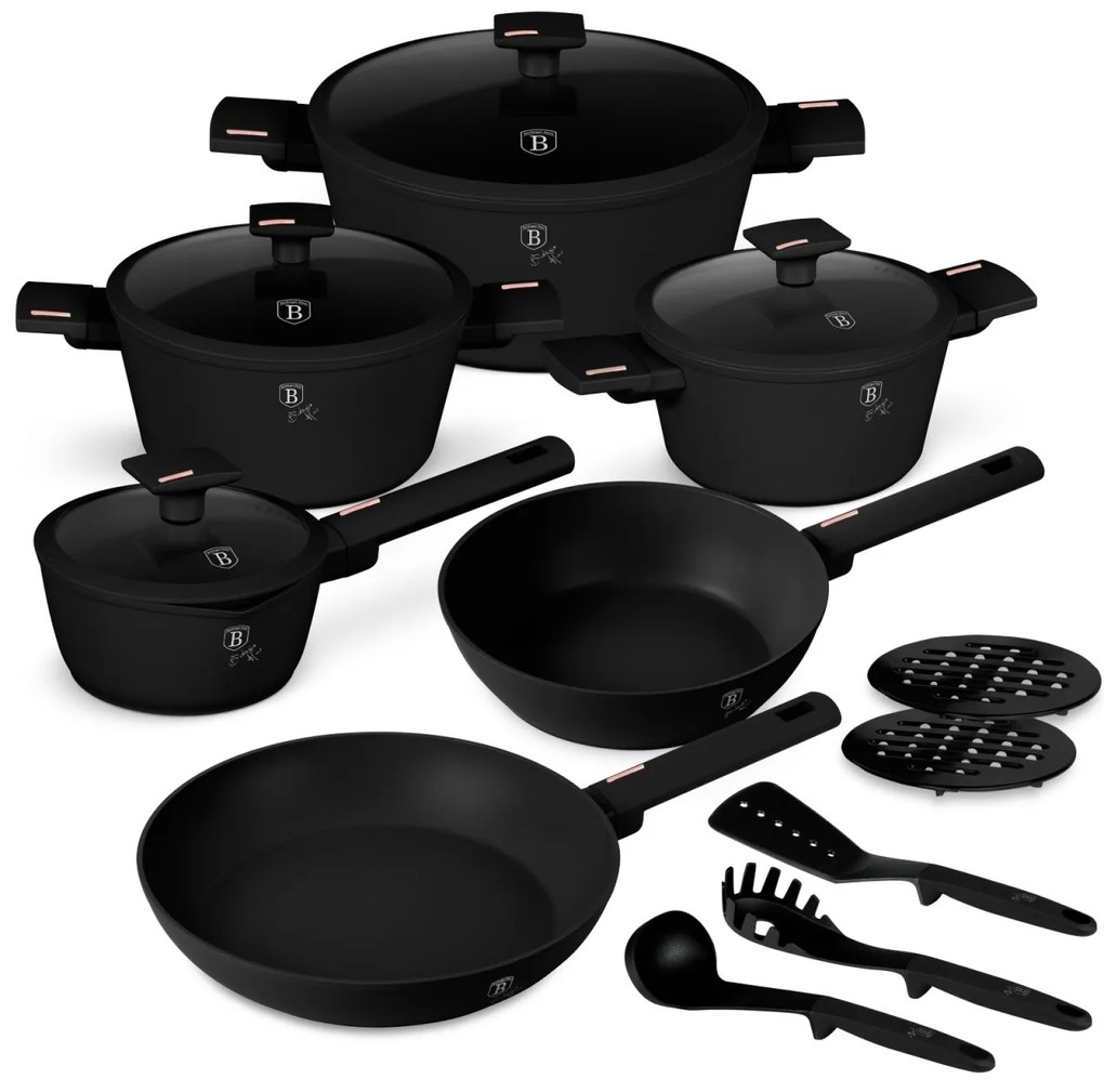 Set oale si tigai cu capace, 15 piese Monaco Berlinger Haus BH 8246, antiaderente, titan, negru