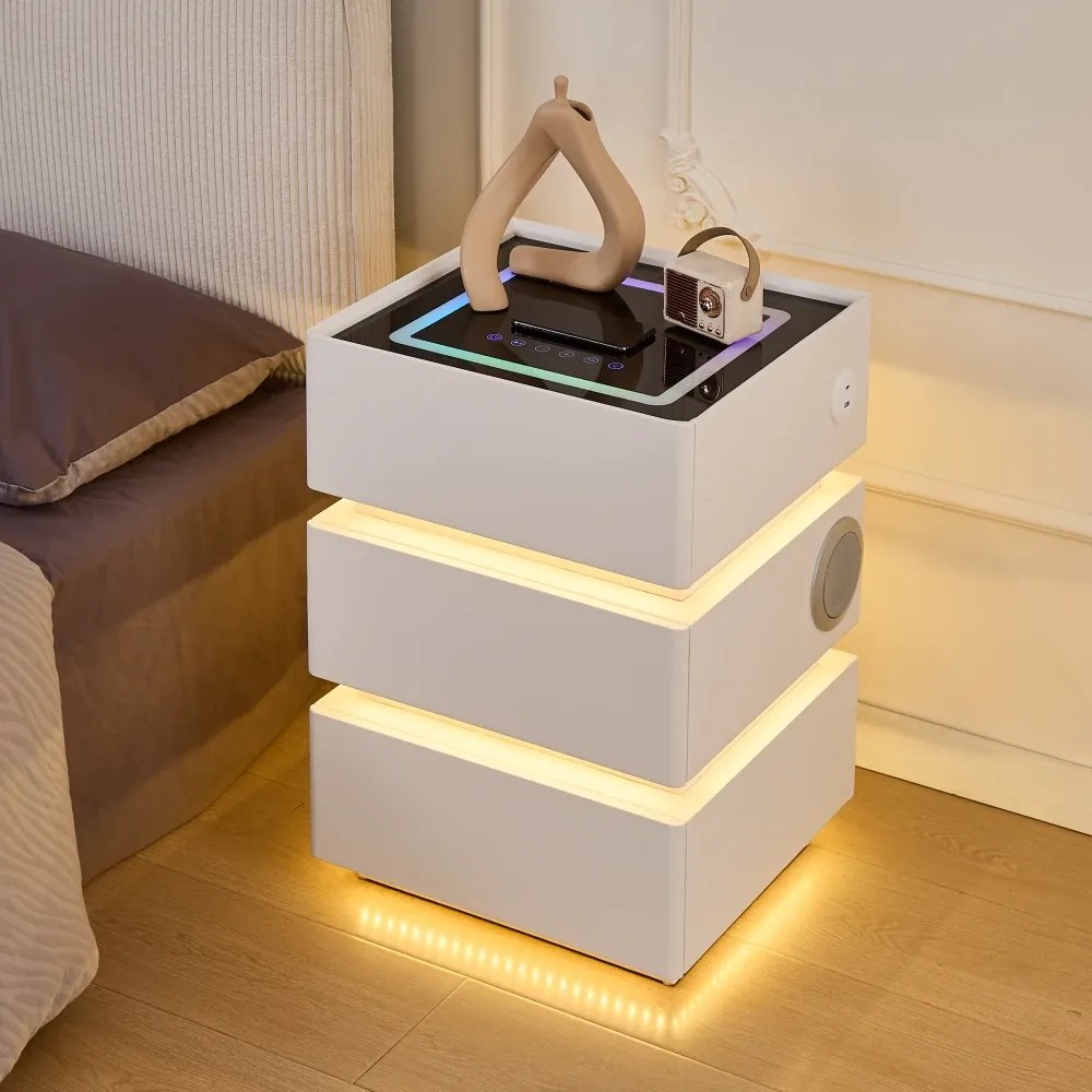 SÉLIA — Noptieră inteligentă cu încărcare Wireless, Bluetooth Stereo, iluminare RGB, USB + Type-C și senzor de mișcare, Alb