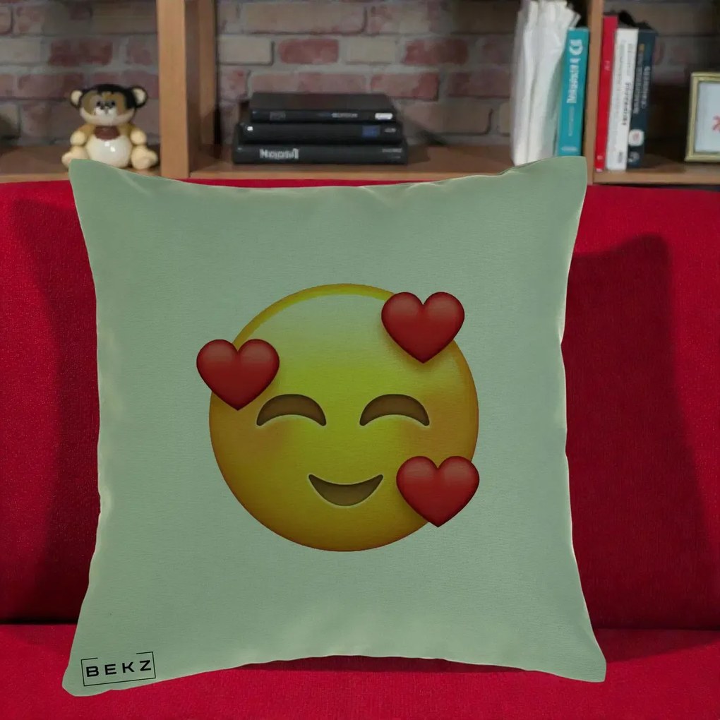 Perna Decorativa Emoji cu 3 Inimi, 40x40 cm, Verde, Husa Detasabila, Perna Inclusa, BEKZ®