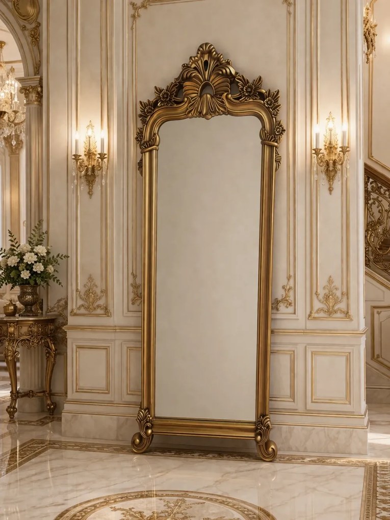 Oglindă decorativă de perete, ramă aurie antichizată, 168 x 69 cm