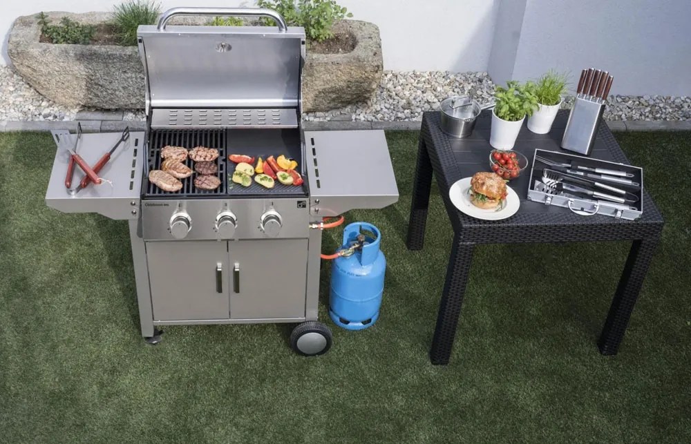 Grătar pe gaz OKLAHOMA BBQ, 3 arzătoare, cu regulator de presiune, argintiu Penta CZ