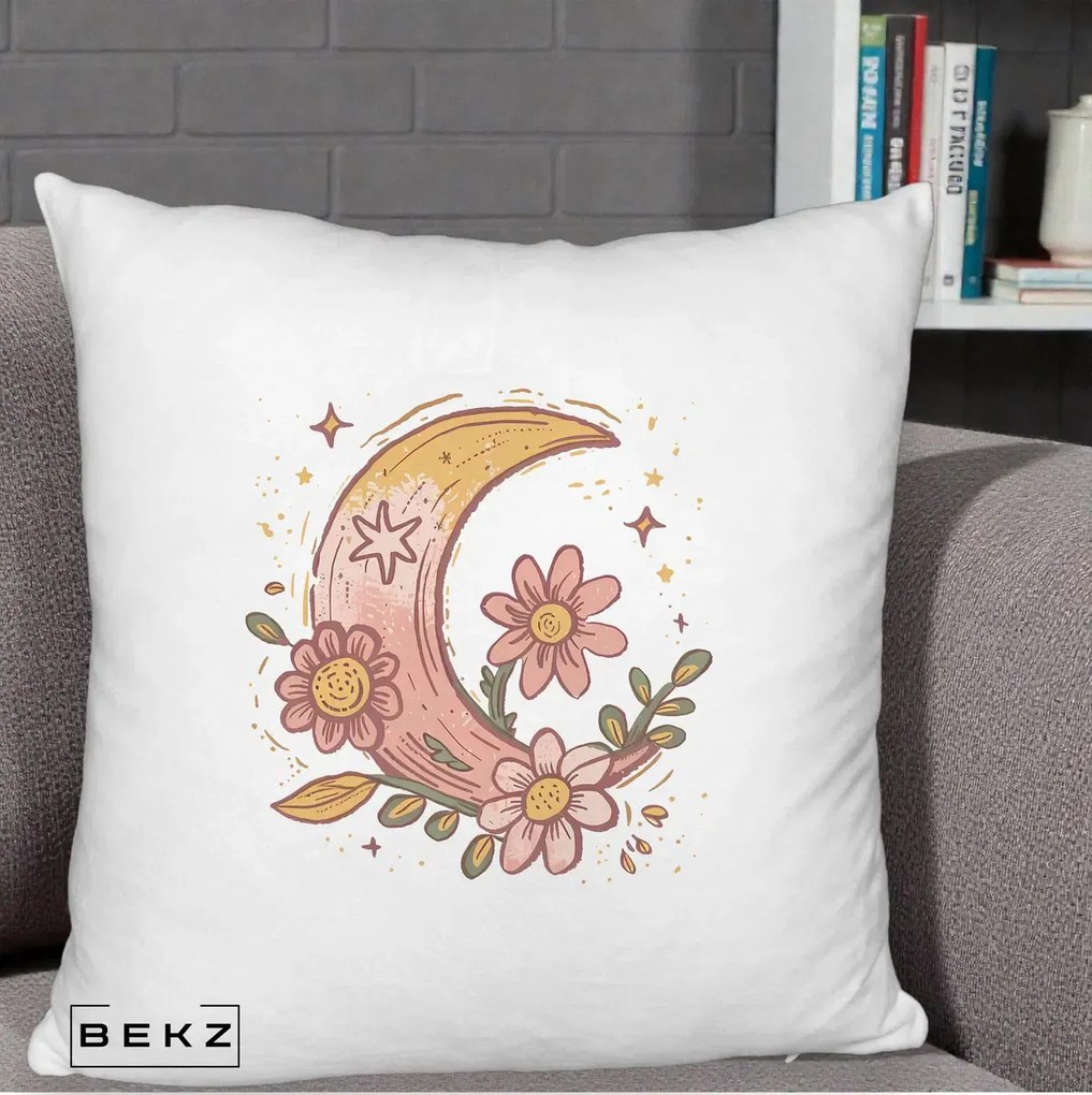Perna Decorativa Luna Florala Boho, 40x40 cm, Alb Pufos, Husa Detasabila, Perna Inclusa, BEKZ®