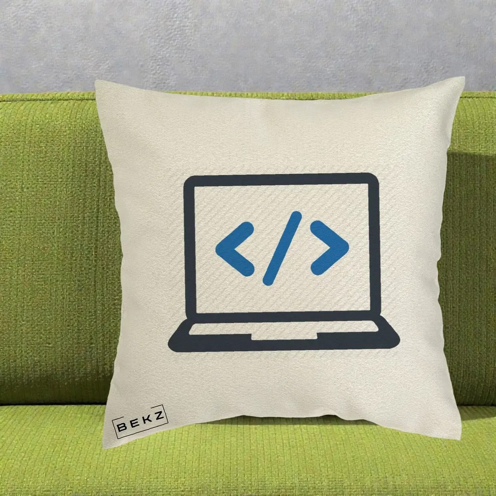 Perna Personalizata Laptop Cod HTML, 40x40 cm, Ecru, Husa Detasabila, Perna Inclusa, BEKZ®