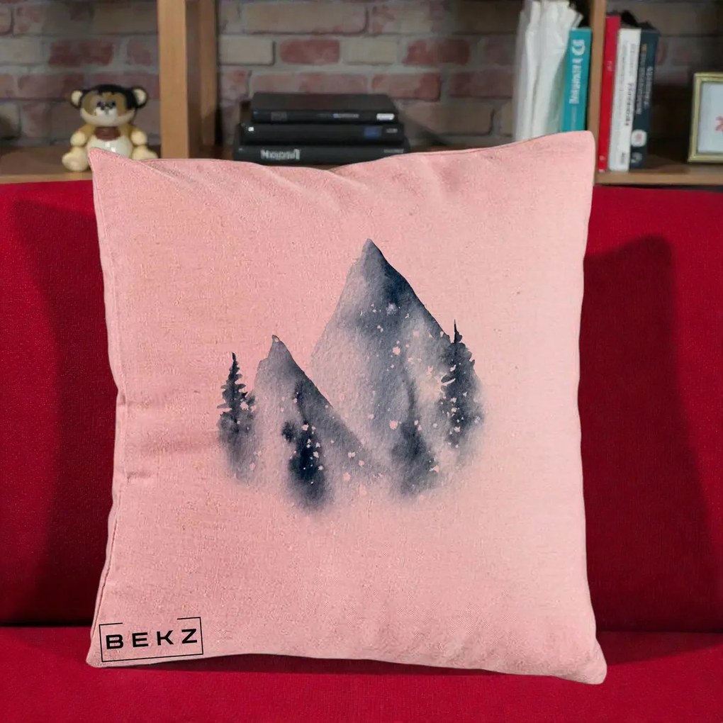 Perna Decorativa Munti Inzapeziti Acuarela Indigo, 40x40 cm, Roz, Husa Detasabila, Perna Inclusa, BEKZ®
