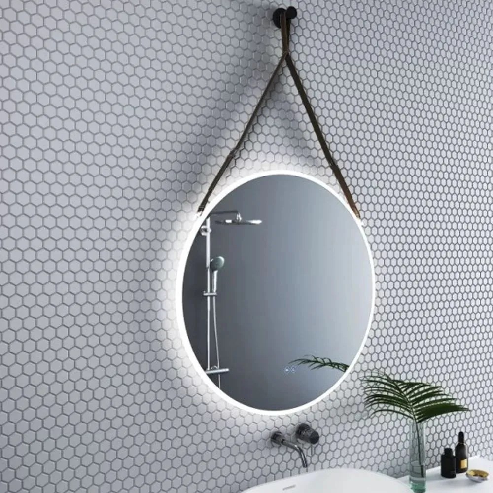 Oglinda cu iluminare si dezaburire Inter Ceramic forma rotunda 80 cm curea maro