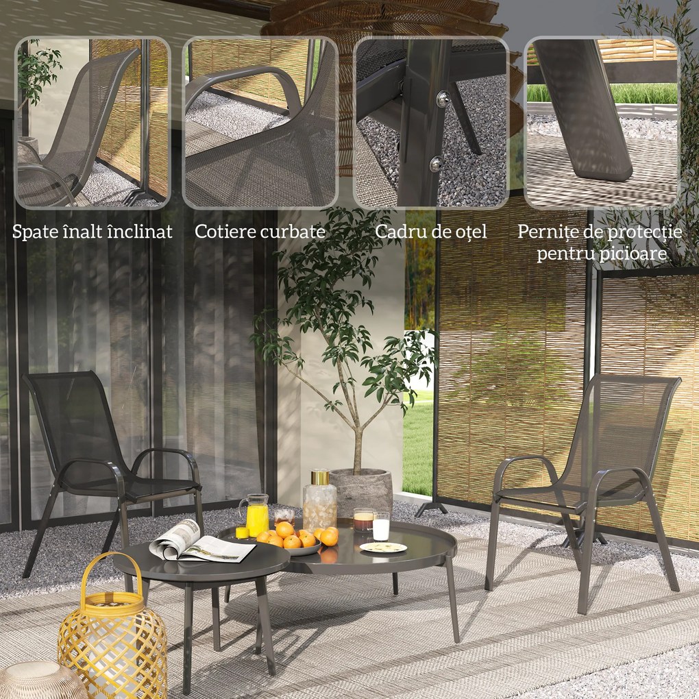 Outsunny Set de 2 Scaune de Prânz pentru Exterior, Scaune Suprapozabile cu Spătar Înalt, Șezut Respirabil pentru Grădină, Verandă, Negru | Aosom Romania