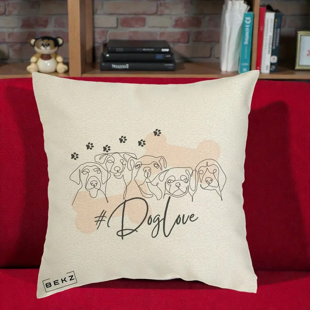 Perna Personalizata Dog Love Linie Minimalista, 40x40 cm, Ecru, Husa Detasabila, Perna Inclusa, BEKZ®
