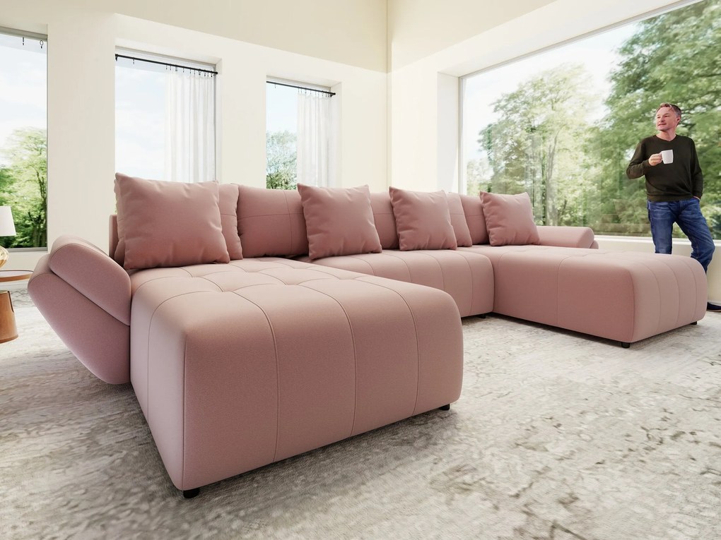 Colțar extensibil dumonde cu ladă de depozitare si sezut confortabil din spuma high-density, Berlin U Royal Roz 380x180 cm