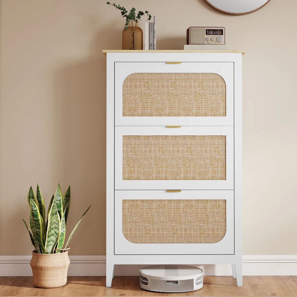 HOMCOM Dulap pentru încălțăminte 21 perechi boem cu 3 sertare rabatabile, uși cu efect cannage ratan, 80 x 24 x 131 cm, alb | Aosom Romania