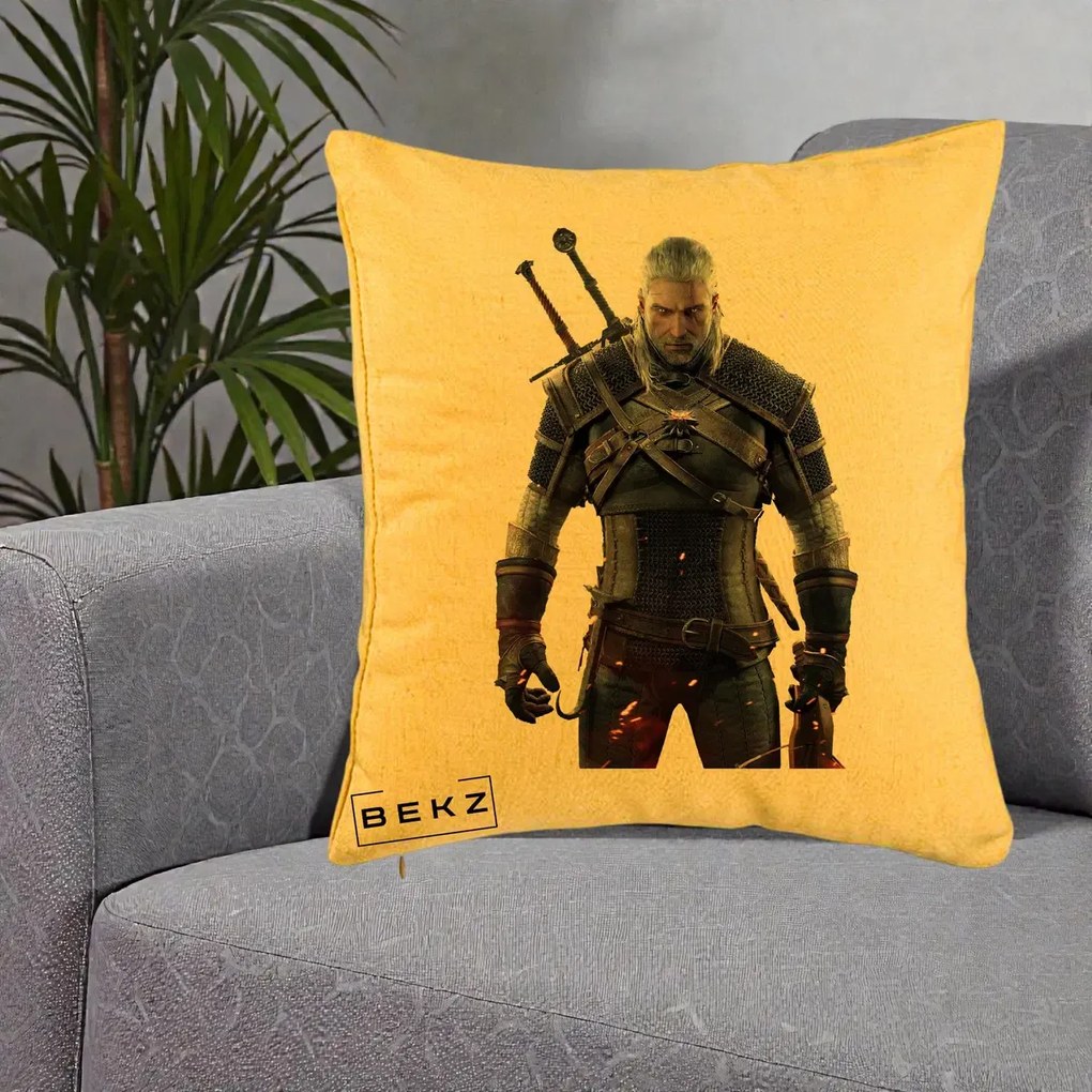 Perna Personalizata The Witcher Geralt of Rivia Portret, 40x40 cm, Galben, Husa Detasabila, Perna Inclusa, BEKZ®