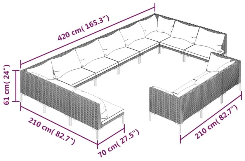 Set mobilier de gradina cu perne 13 piese gri inchis poliratan 4x colt + 9x mijloc, 1