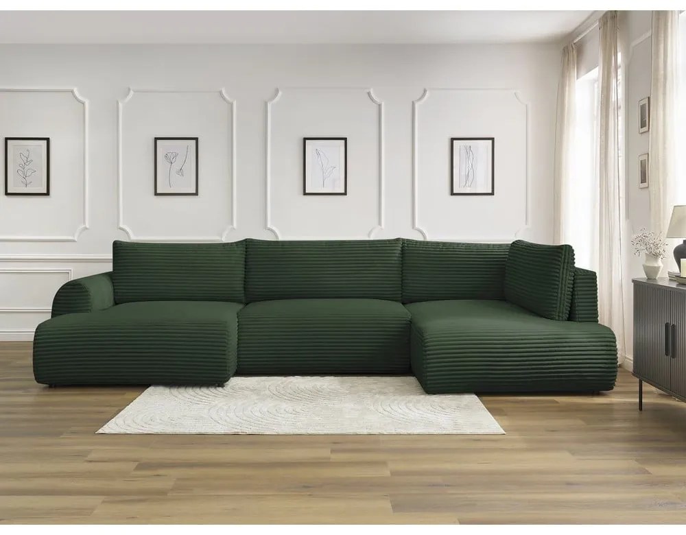 Colțar verde închis extensibil/cu spațiu de depozitare cu tapițerie din catifea reiată (cu colț pe partea dreaptă/în formă de "U") Lucien – Bobochic Paris