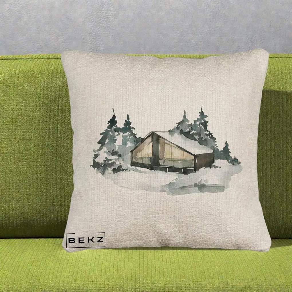 Perna Decorativa Cabana de Iarna in Padure, 40x40 cm, Bej Canapea, Husa Detasabila, Perna Inclusa, BEKZ®