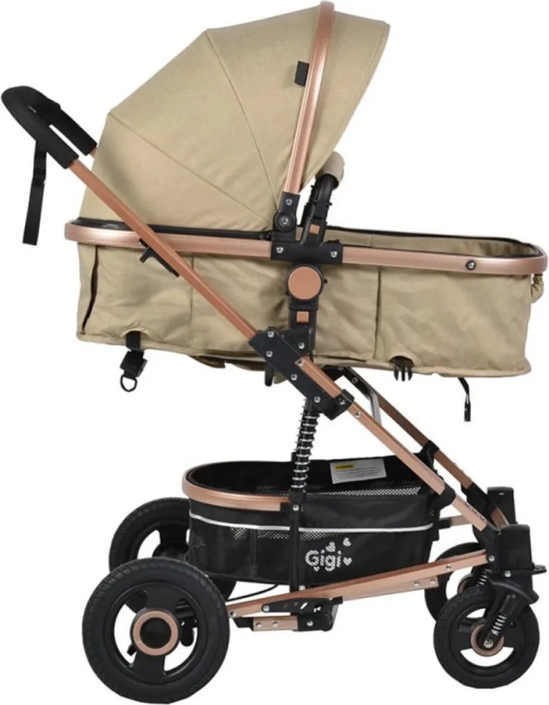Carucior nou nascuti 2 in 1 NOVOKIDS™ GIGI PRO , Cu geanta bebe inclusa, Roti din cauciuc plin AVE, Cadru aluminiu Gold, Maner reversibil, Spatar