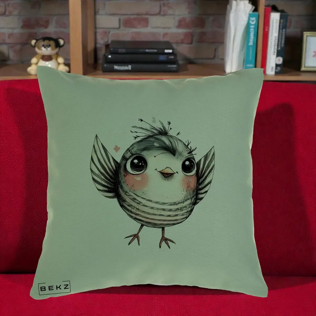 Perna Decorativa Pasare Gri cu Aripi si Inimioare, 40x40 cm, Verde, Husa Detasabila, Perna Inclusa, BEKZ®