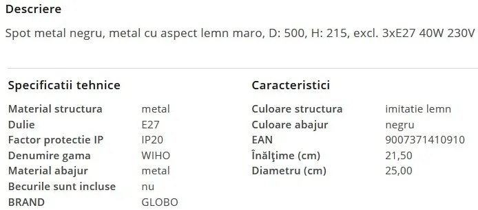 Plafoniera metal stil industrial WIHO 3 negru/maro