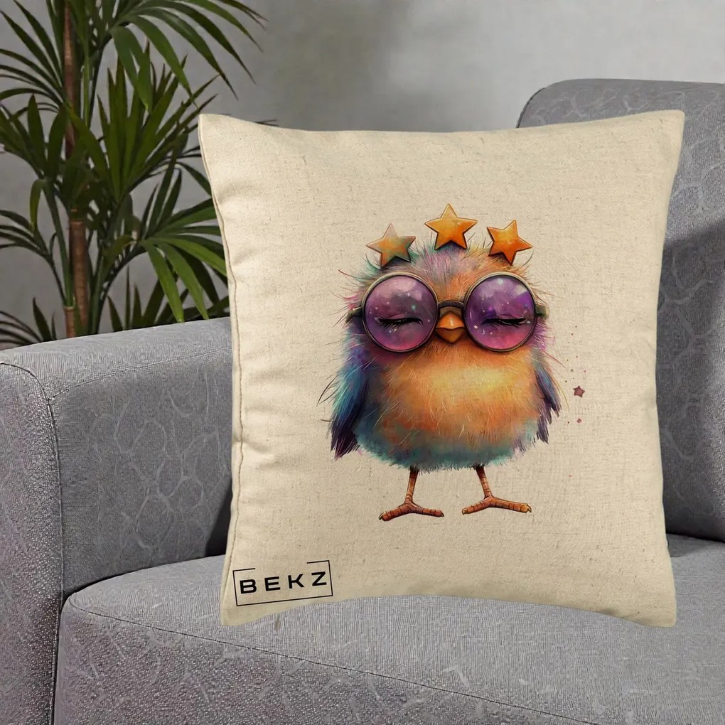 Perna Decorativa Pui Pop Star cu Ochelari Stele Violet, 40x40 cm, Bej, Husa Detasabila, Perna Inclusa, BEKZ®