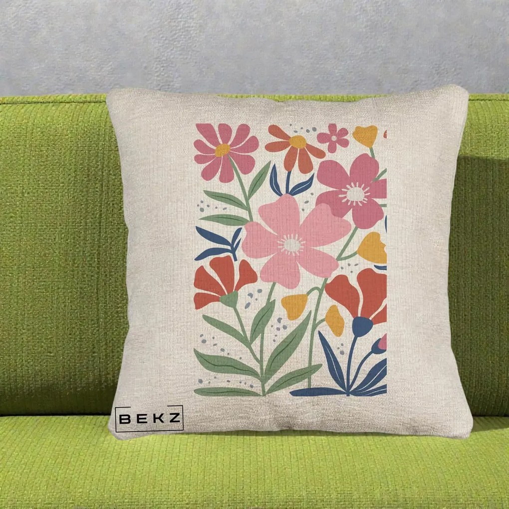 Perna Decorativa Flori Grafice Roz si Terracotta, 40x40 cm, Bej Canapea, Husa Detasabila, Perna Inclusa, BEKZ®