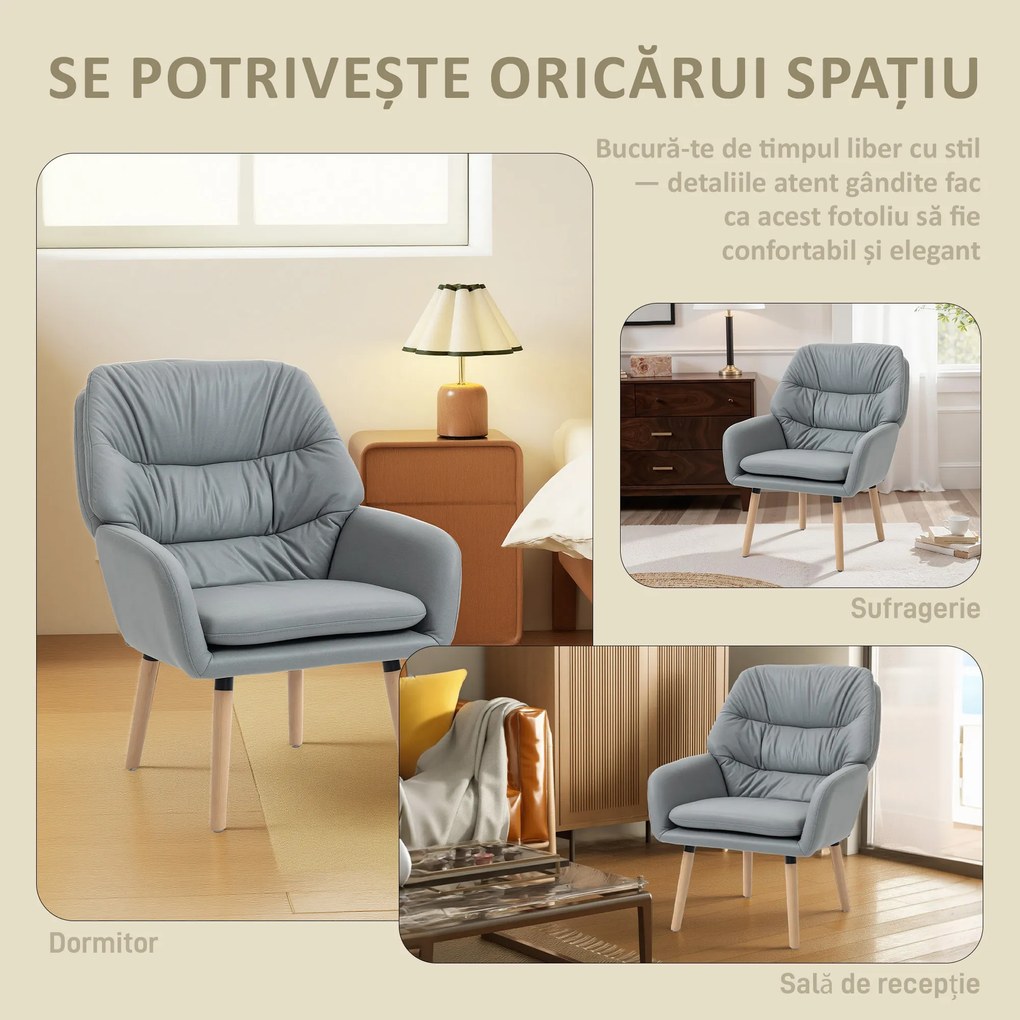 Scaun Decorativ Modern HOMCOM, Fotoliu Tapitat cu Leathaire cu Dublu Strat de Umplutură, Cadru de Oțel și Picioare de Lemn de Cauciuc pentru Sufragerie, Dormitor, Gri | Aosom Romania