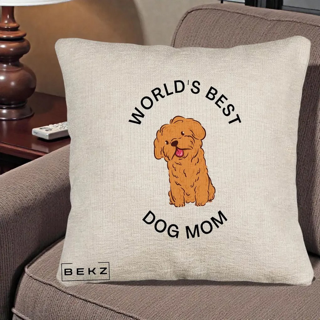Cadou pentru Iubitorii de Caini - Perna Personalizata World's Best Dog Mom, 40x40 cm, Bej Canapea, Husa Detasabila, Perna Inclusa, BEKZ®