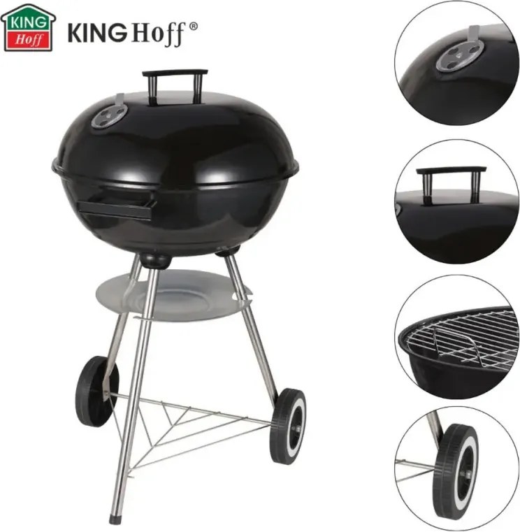 Gratar pe carbuni Kinghoff KH 2033, Ventilatie reglabila, Roti, Otel, Negru