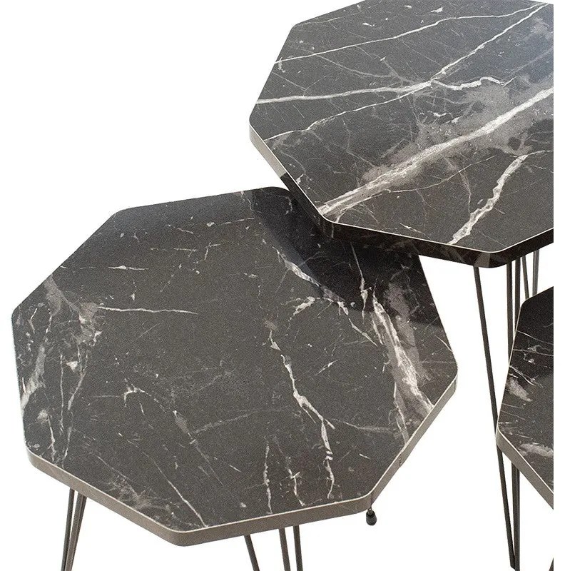 Set 3 măsuțe laterale Buena Pakoworld imitație marmură, negru